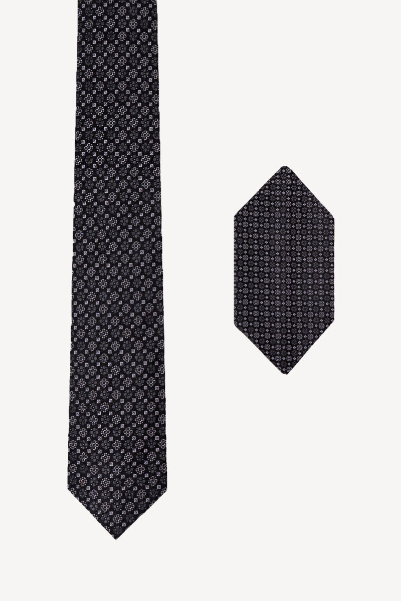 Erkek Siyah Gri Çiçek Desenli Kravat Mendil Set - 1