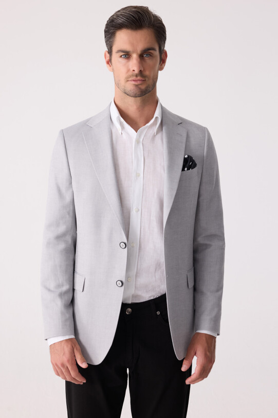 Erkek Açık Gri Regular Fit Keten Karışımlı Mono Yaka Ceket