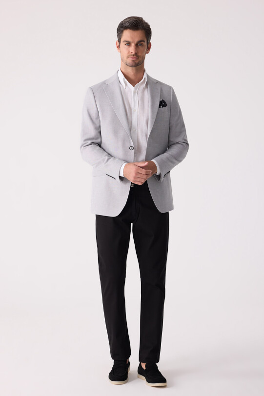 Erkek Açık Gri Regular Fit Keten Karışımlı Mono Yaka Ceket