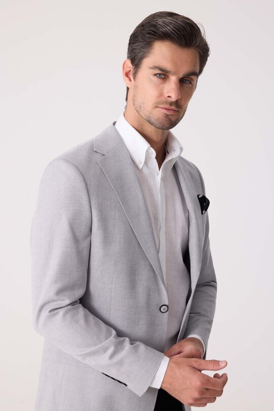 Erkek Açık Gri Regular Fit Keten Karışımlı Mono Yaka Ceket