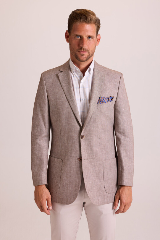 Erkek Açık Kahverengi Slim Fit Desenli Spor Keten Ceket
