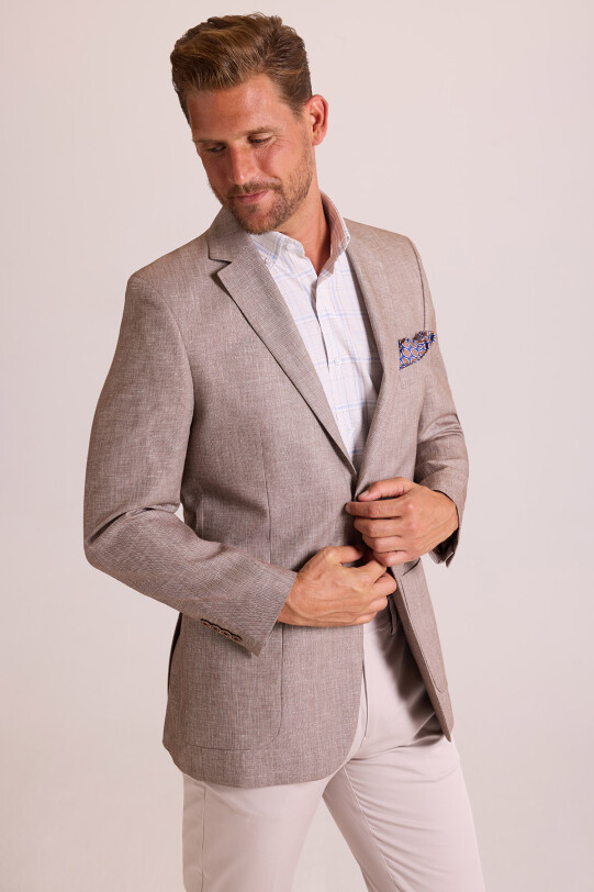 Erkek Açık Kahverengi Slim Fit Desenli Spor Keten Ceket