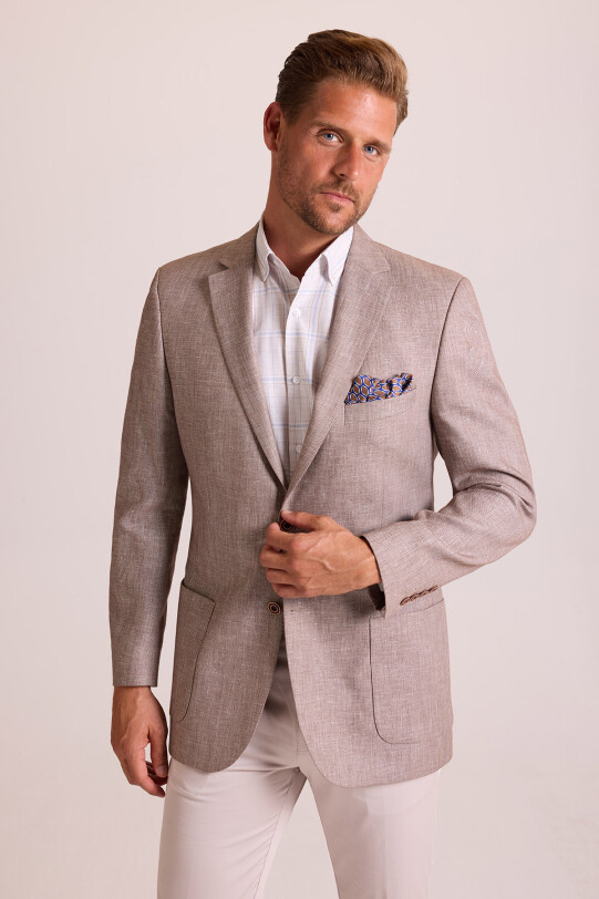 Erkek Açık Kahverengi Slim Fit Desenli Spor Keten Ceket