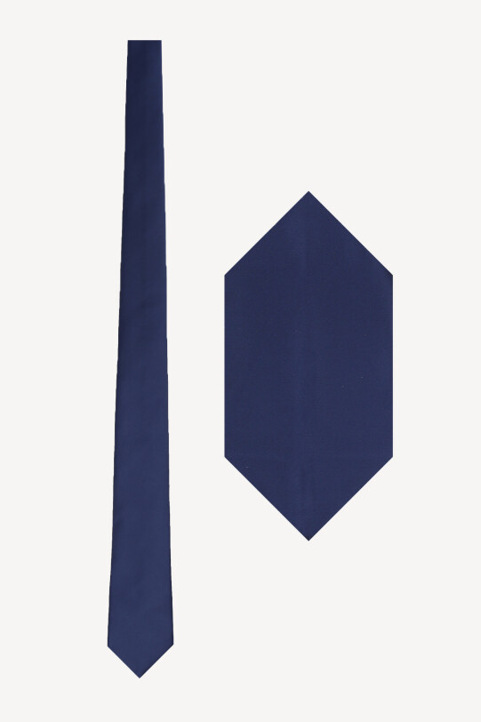 Erkek Açık Lacivert Düz Slim Kravat Mendil Set - YSF