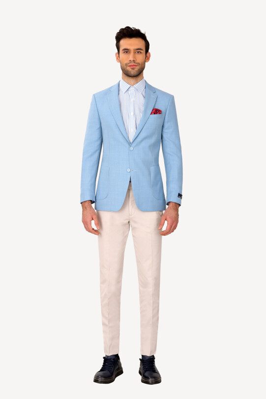 Erkek Açık Mavi Klasik Keten Ceket