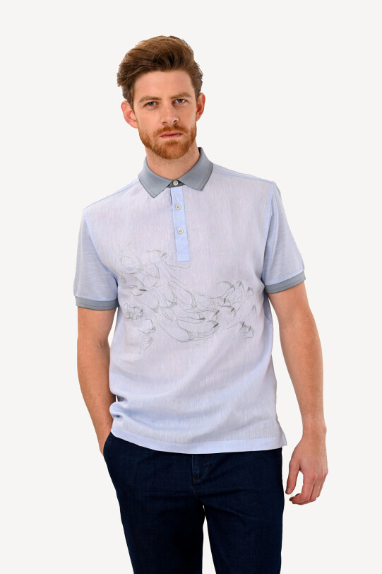 Erkek Açık Mavi Polo Yaka Regular Fit Desenli Tshirt