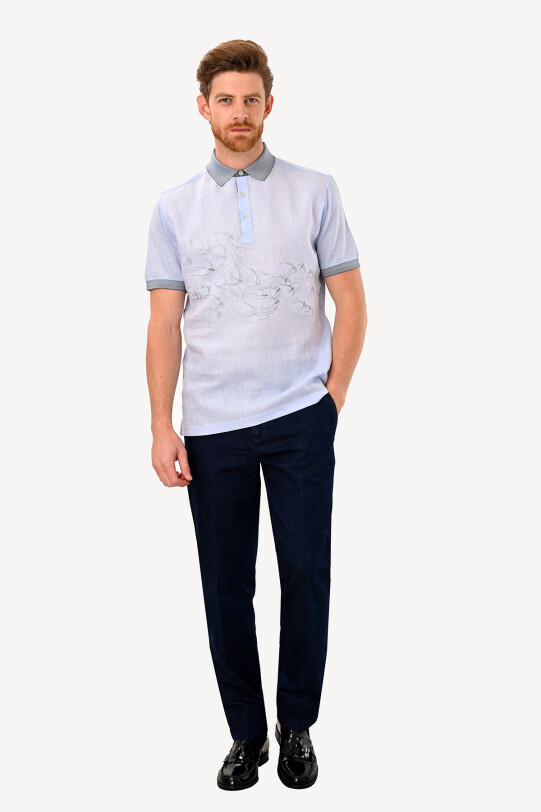 Erkek Açık Mavi Polo Yaka Regular Fit Desenli Tshirt