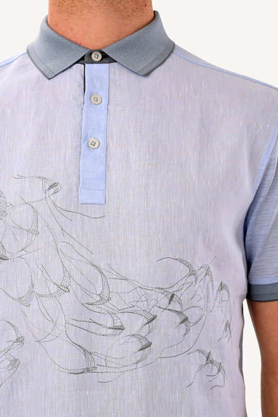 Erkek Açık Mavi Polo Yaka Regular Fit Desenli Tshirt