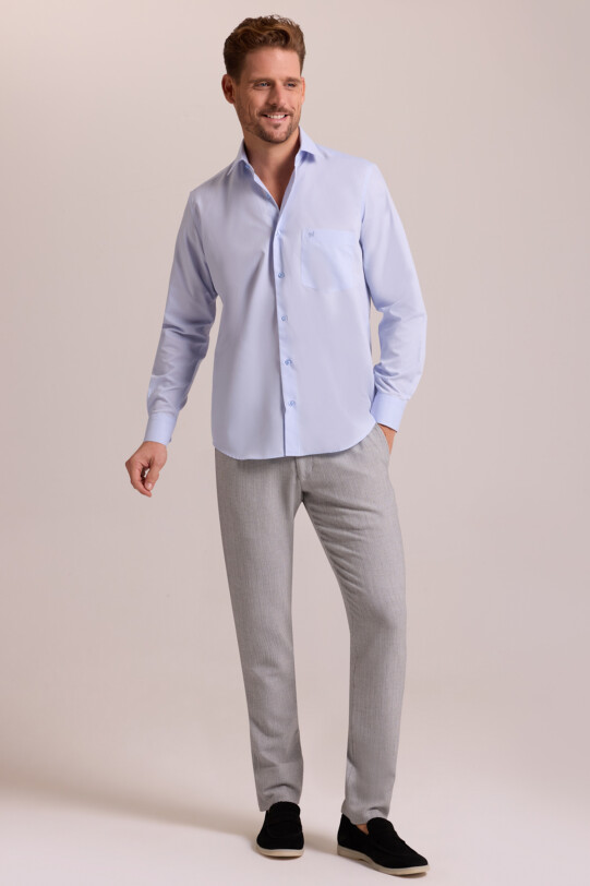 Erkek Açık Mavi Regular Fit Uzun Kollu Pamuklu Gömlek