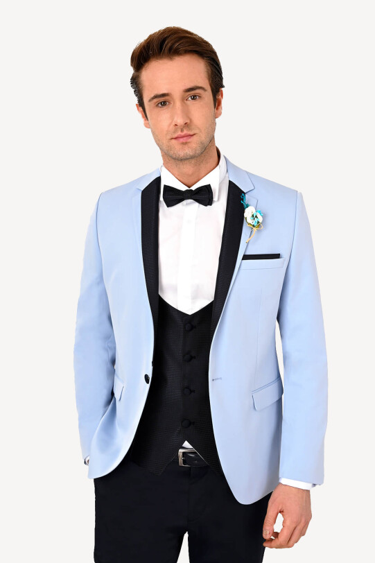 Erkek Açık Mavi Slim Fit Mono Yaka Yelekli Damatlık