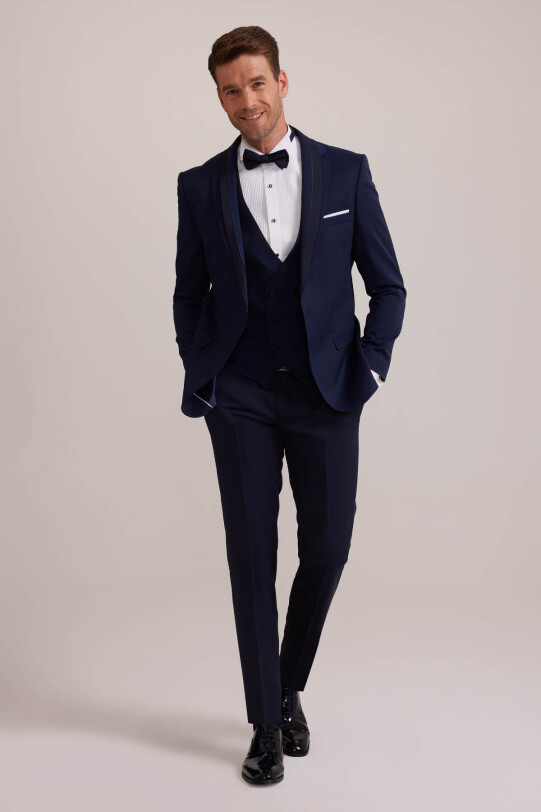 Erkek Açık Mavi Slim Fit Yelekli Şal Yaka Damatlık