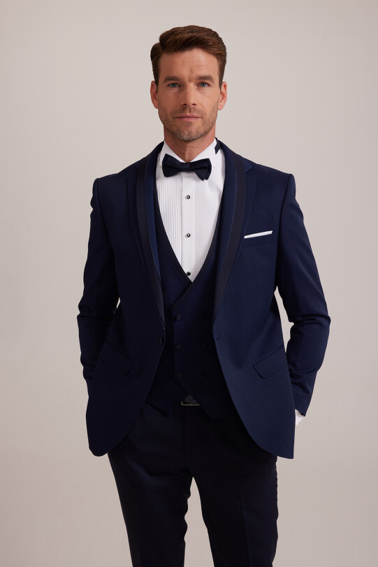 Erkek Açık Mavi Slim Fit Yelekli Şal Yaka Damatlık