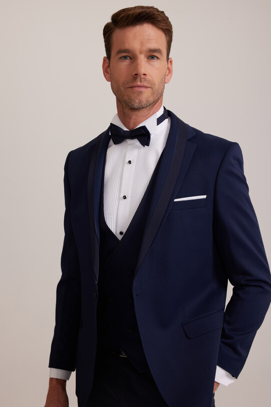 Erkek Açık Mavi Slim Fit Yelekli Şal Yaka Damatlık