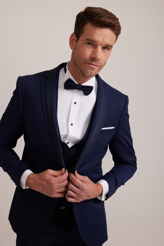 Erkek Açık Mavi Slim Fit Yelekli Şal Yaka Damatlık