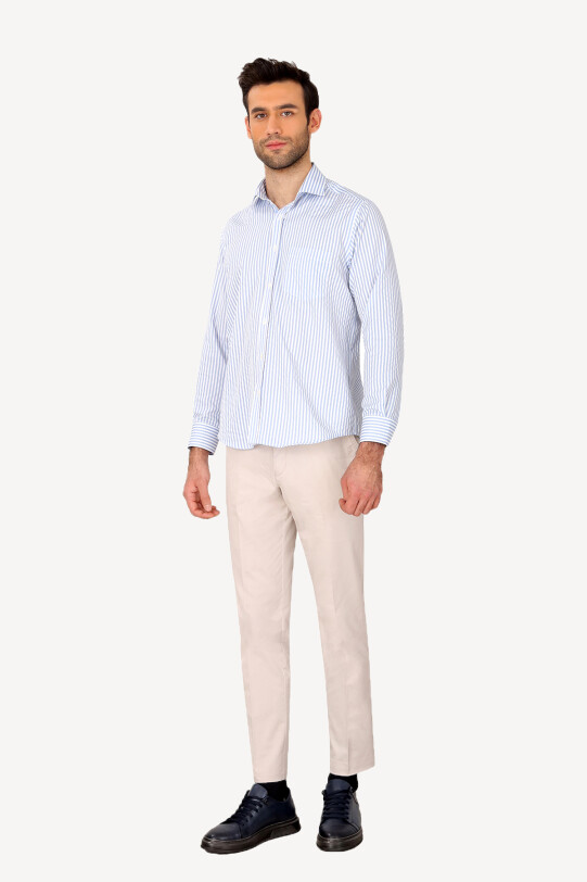 Erkek Açık Mavi Uzun Kol Klasik Çizgili Gömlek