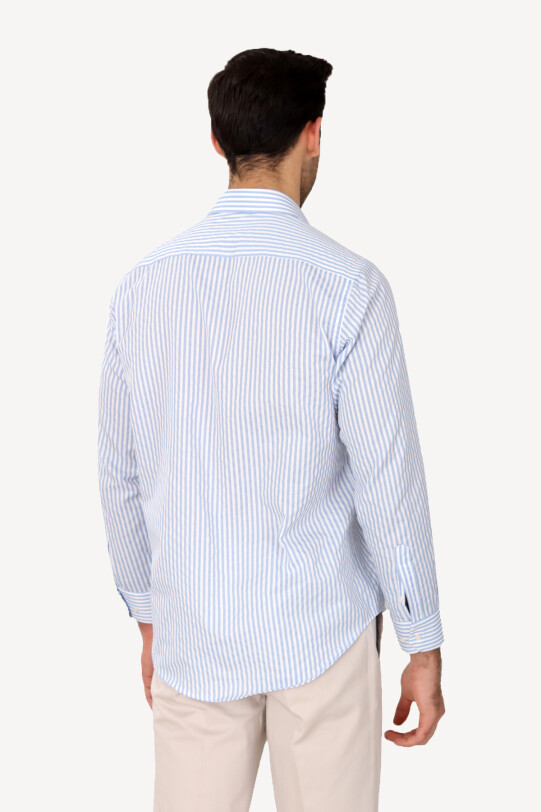 Erkek Açık Mavi Uzun Kol Klasik Çizgili Gömlek