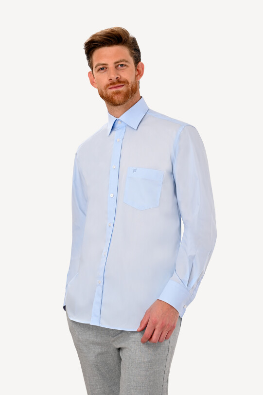 Erkek Açık Mavi Uzun Kol Klasik Saten Gömlek