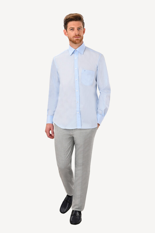 Erkek Açık Mavi Uzun Kol Klasik Saten Gömlek
