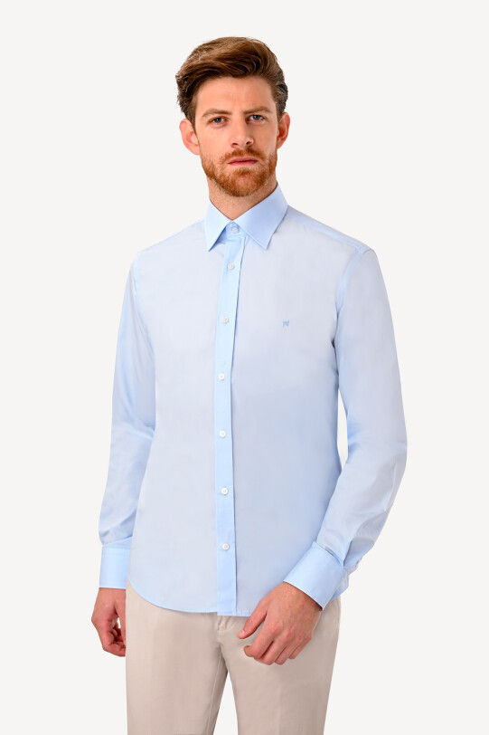 Erkek Açık Mavi Uzun Kol Silim Fit Saten Gömlek