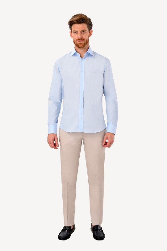 Erkek Açık Mavi Uzun Kol Silim Fit Saten Gömlek