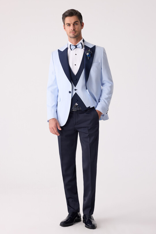 Erkek Açık Mavi Yelekli Kırlangıç Yaka Slim Fit Damatlık