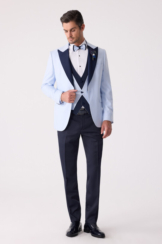 Erkek Açık Mavi Yelekli Kırlangıç Yaka Slim Fit Damatlık