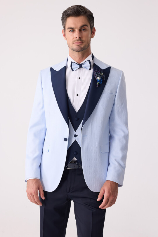 Erkek Açık Mavi Yelekli Kırlangıç Yaka Slim Fit Damatlık