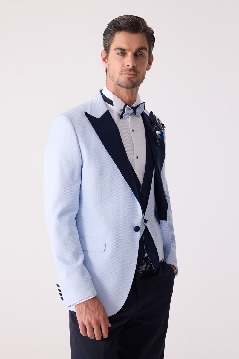 Erkek Açık Mavi Yelekli Kırlangıç Yaka Slim Fit Damatlık - 5
