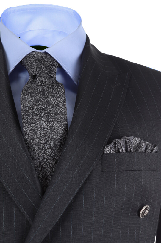 Erkek Antrasit Çizgili Regular Fit Kruvaze Takım Elbise