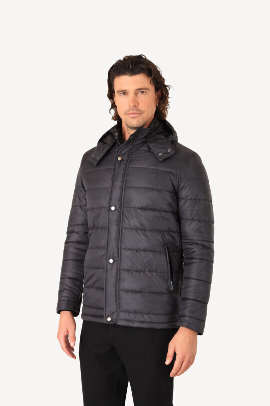 Erkek Antrasit Regular Fit Kapüşonlu Desenli Kaban