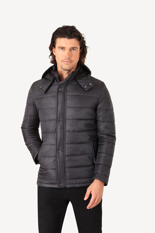 Erkek Antrasit Regular Fit Kapüşonlu Desenli Kaban