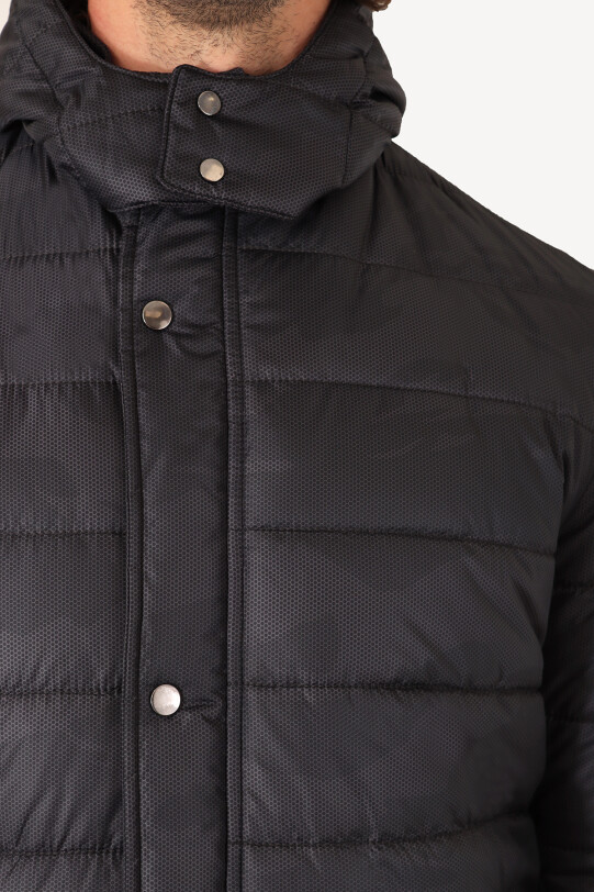 Erkek Antrasit Regular Fit Kapüşonlu Desenli Kaban