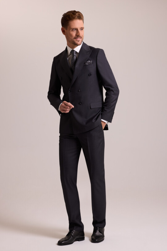 Erkek Antrasit Regular Fit Kruvaze Yaka Yün Takım Elbise