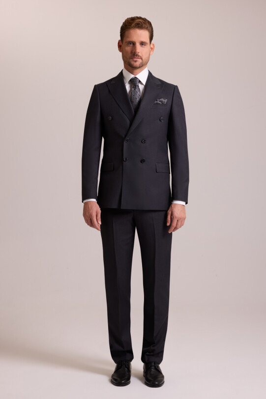 Erkek Antrasit Regular Fit Kruvaze Yaka Yün Takım Elbise