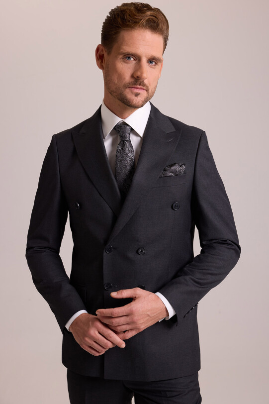 Erkek Antrasit Regular Fit Kruvaze Yaka Yün Takım Elbise