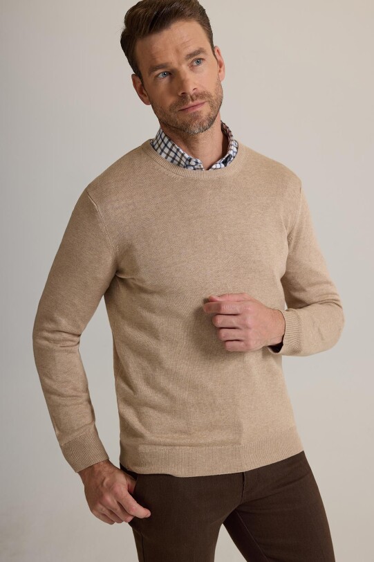 Erkek Bej Bisiklet Yaka Triko