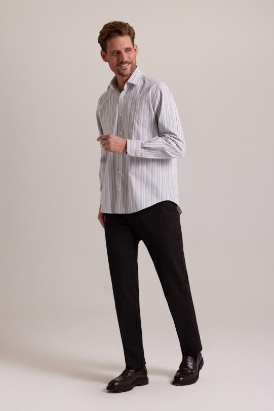 Erkek Bej Çizgili Regular Fit Uzun Kol Gömlek