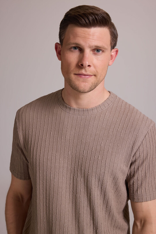 Erkek Bej Desenli Bisiklet Yaka T-shirt