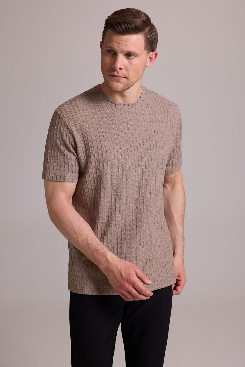 Erkek Bej Desenli Bisiklet Yaka T-shirt - 5
