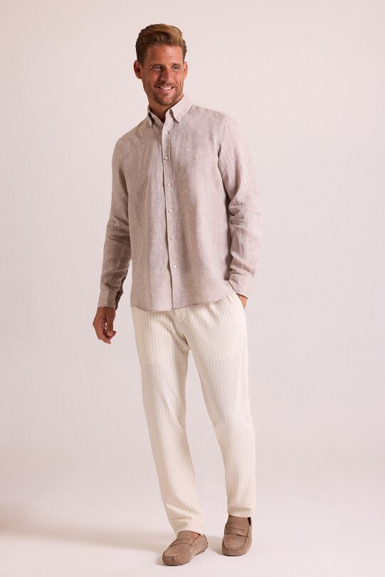 Erkek Bej Düz Regular Fit Keten Gömlek