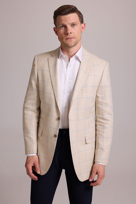 Erkek Bej Ekose Keten Klasik Spor Ceket