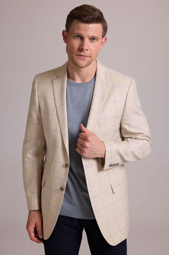 Erkek Bej Ekose Keten Klasik Spor Ceket