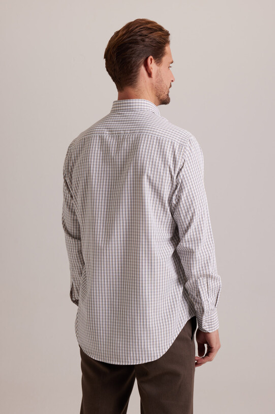 Erkek Bej Kareli Regular Fit Yaka Düğmeli Gömlek