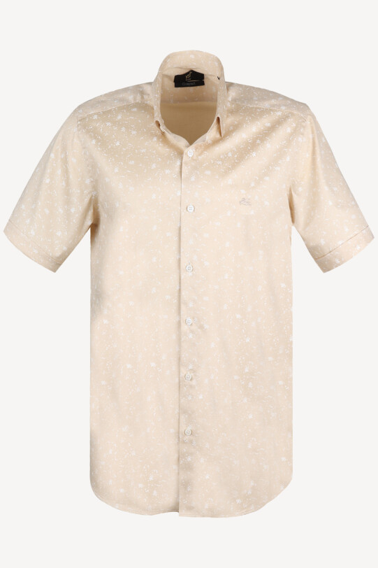 Erkek Bej Kısa Kol Desenli Slim Fit Gömlek
