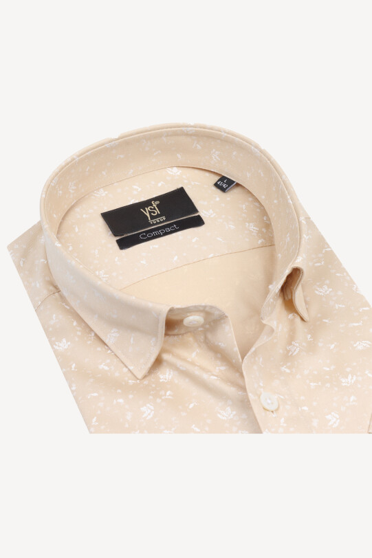Erkek Bej Kısa Kol Desenli Slim Fit Gömlek