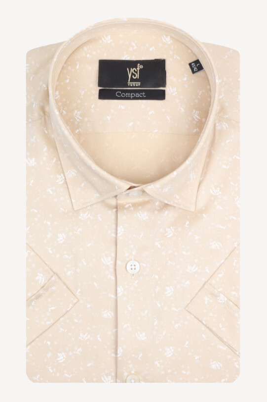 Erkek Bej Kısa Kol Desenli Slim Fit Gömlek