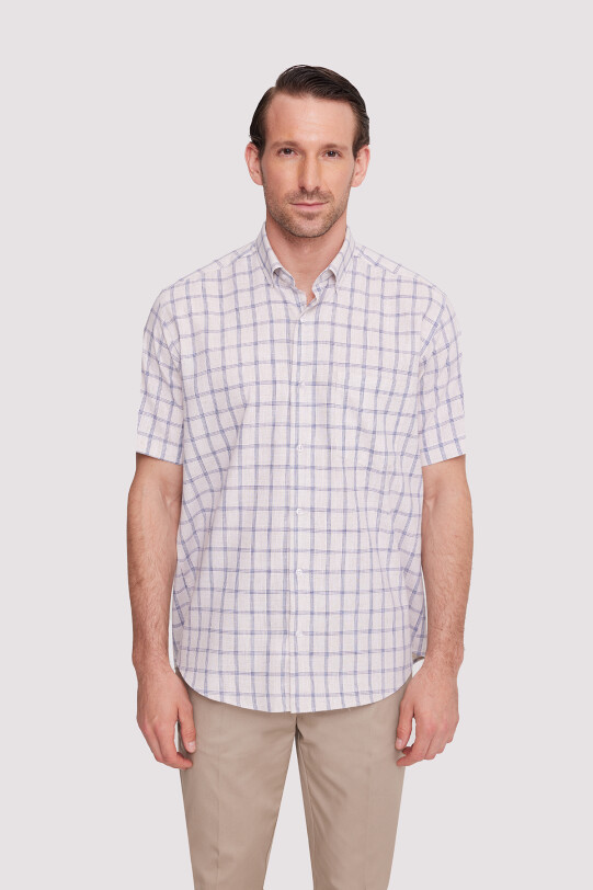 Erkek Bej Kısa Kol Regular Fit Yaka Düğmeli Kareli Gömlek