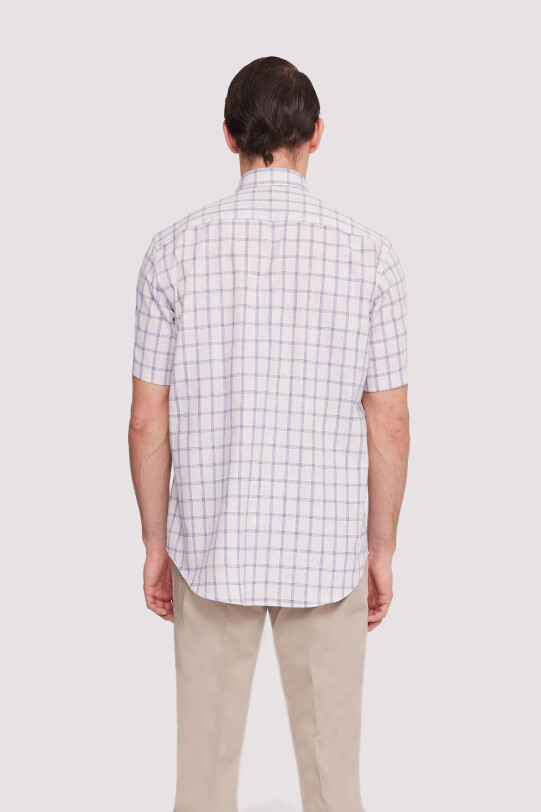 Erkek Bej Kısa Kol Regular Fit Yaka Düğmeli Kareli Gömlek