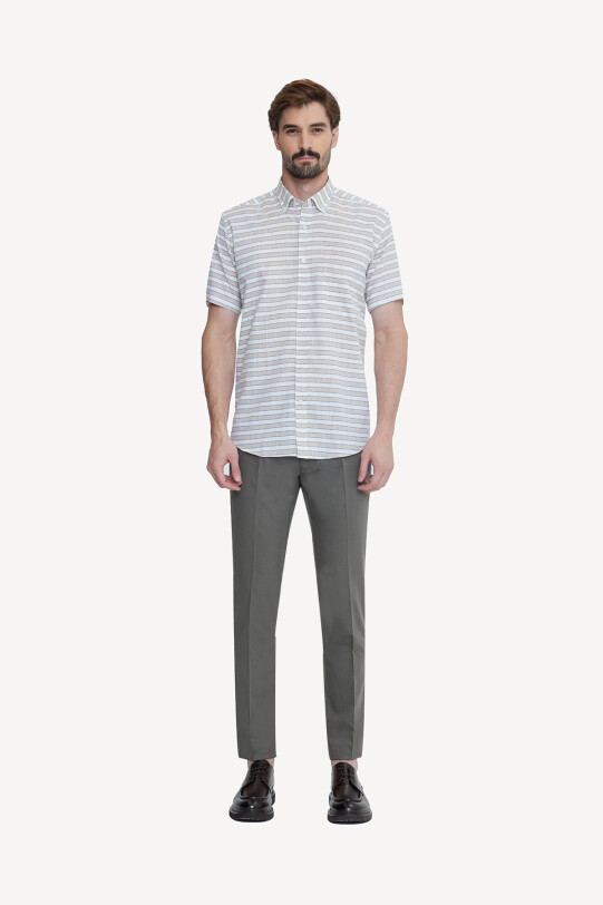 Erkek Bej Klasik Çizgili Keten Gömlek