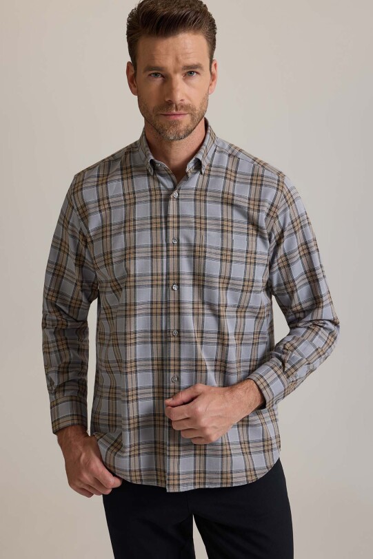 Erkek Bej Regular Fit Ekose Desenli Pamuklu Gömlek